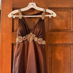 Precious Formals Espresso Satin Evening Dress with Beaded Waist